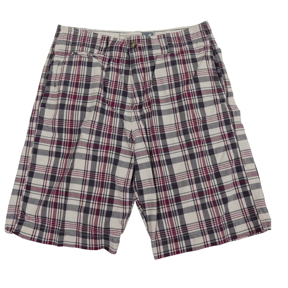 American Eagle Shorts Mens 32 Burgundy Plaid Longer Length Cotton Casual
